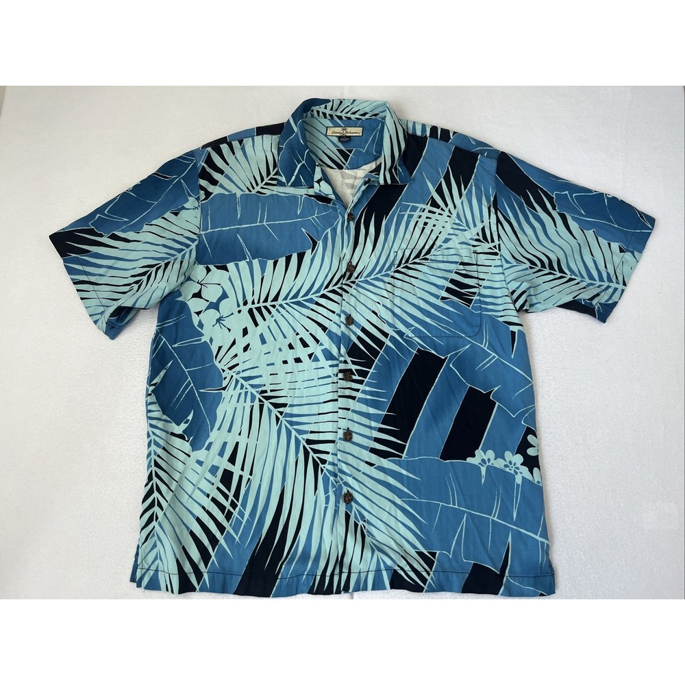 Tommy Bahama Shirt Mens Large Blue Silk Hawaiian Palm Leaf Camp Short Sleeve